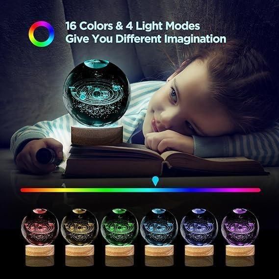 3D Galaxy Crystal Ball Night Light – Laser Engraved Solar System Lamp with Wooden Base 🌌✨