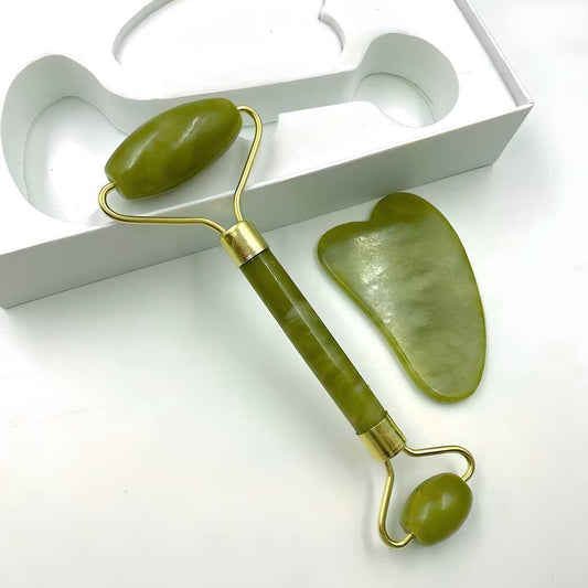 Natural Jade Stone Facial Roller & Massager – Dual-Ended Cooling Tool for Face, Eyes & Neck 💎✨🍃