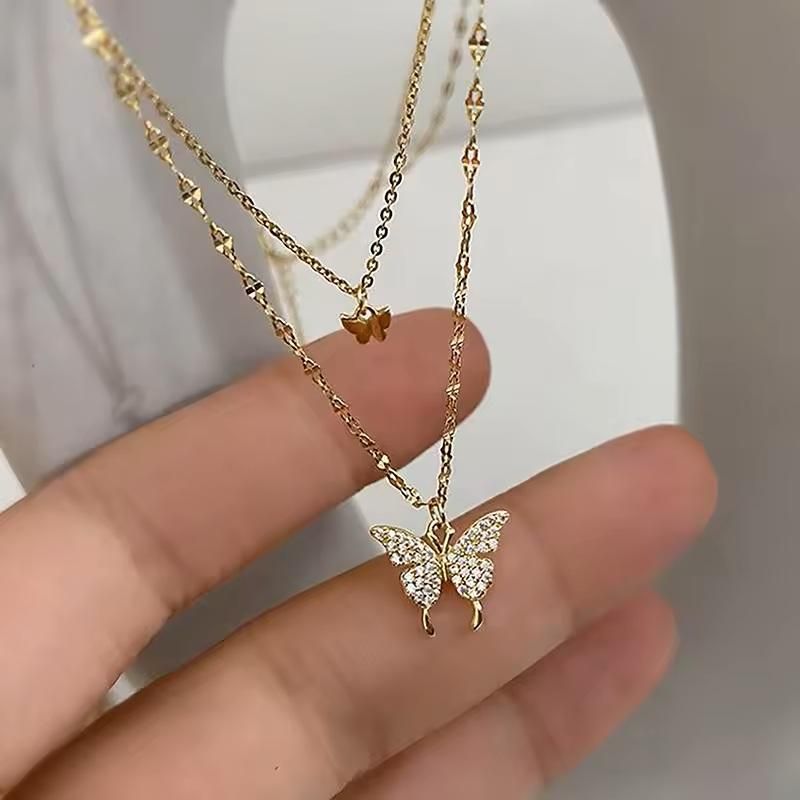 Luxury Double-Layer Butterfly Pendant Necklace – Gold-Plated Clavicle Chain with Sparkling Zircon Crystals 🦋✨💛