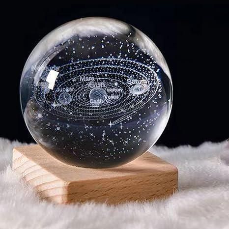 3D Galaxy Crystal Ball Night Light – Laser Engraved Solar System Lamp with Wooden Base 🌌✨