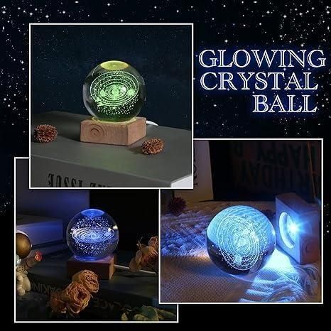 3D Galaxy Crystal Ball Night Light – Laser Engraved Solar System Lamp with Wooden Base 🌌✨