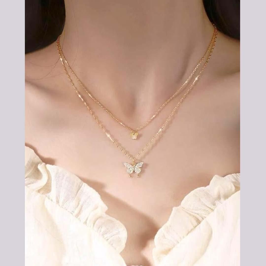 Luxury Double-Layer Butterfly Pendant Necklace – Gold-Plated Clavicle Chain with Sparkling Zircon Crystals 🦋✨💛