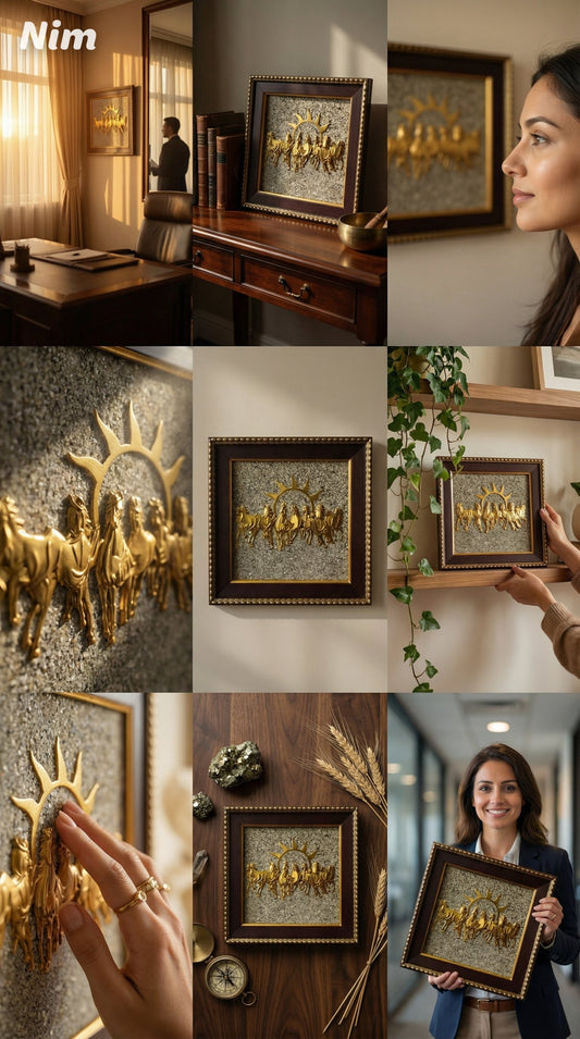 Vastu 7 Running Horses with Raw Pyrite Crystal – Spiritual Frame for Wealth, Success & Fame 🐎💎✨